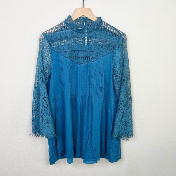 elle rae Dresses & Skirts - Elle Rae Women’s Blue Lace Long Sleeve Dress Tunic Size Large Style Bohemian